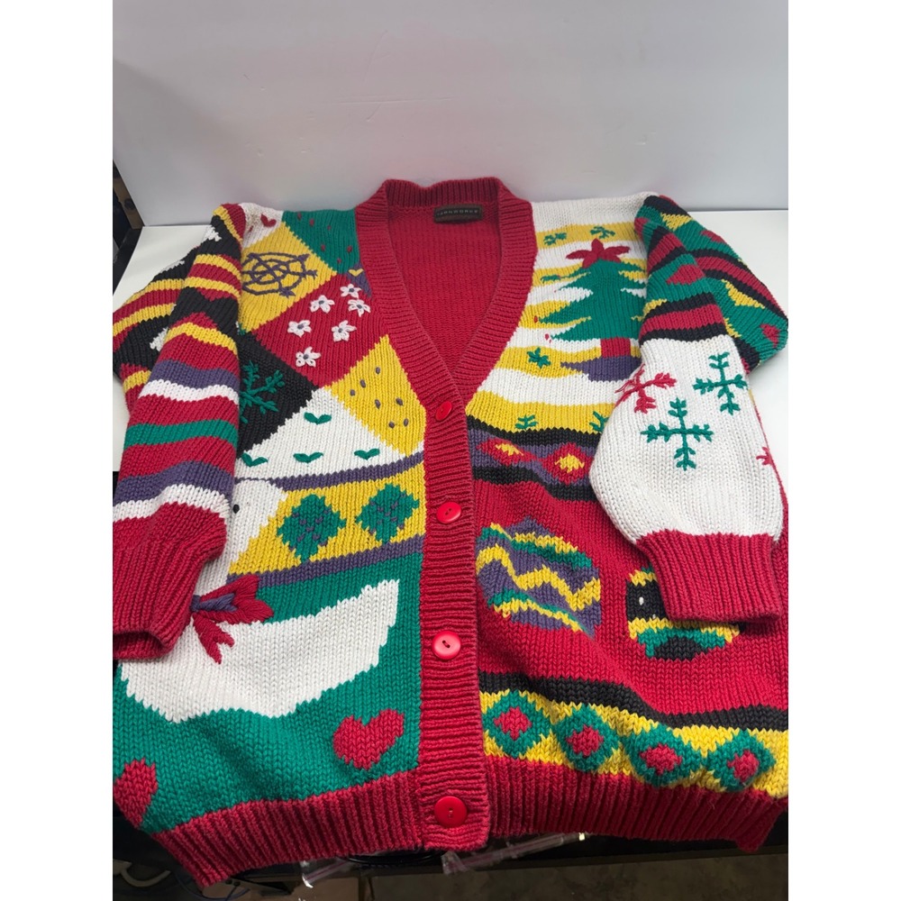 Vintage Yarnworks Ugly Christmas Patchwork Cardigan Sweater Red Multi
